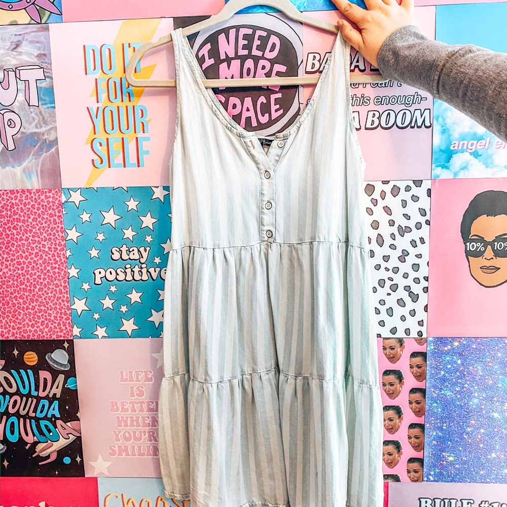 flowy white and light blue striped dress